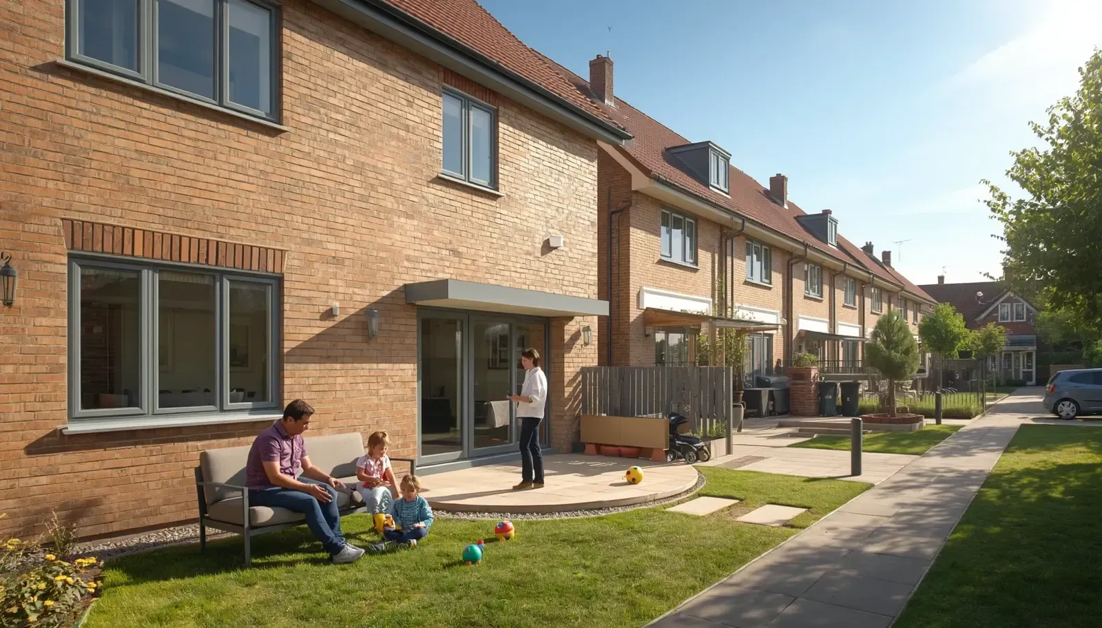 Residential family assessment centre with parents and children in a safe outdoor setting