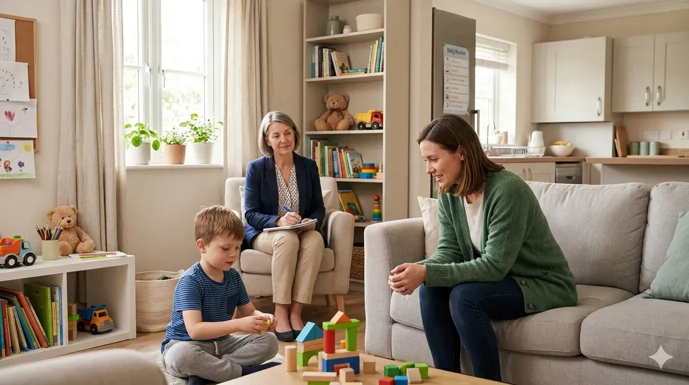 Residential family assessment centre with assessor observing parent and child during play
