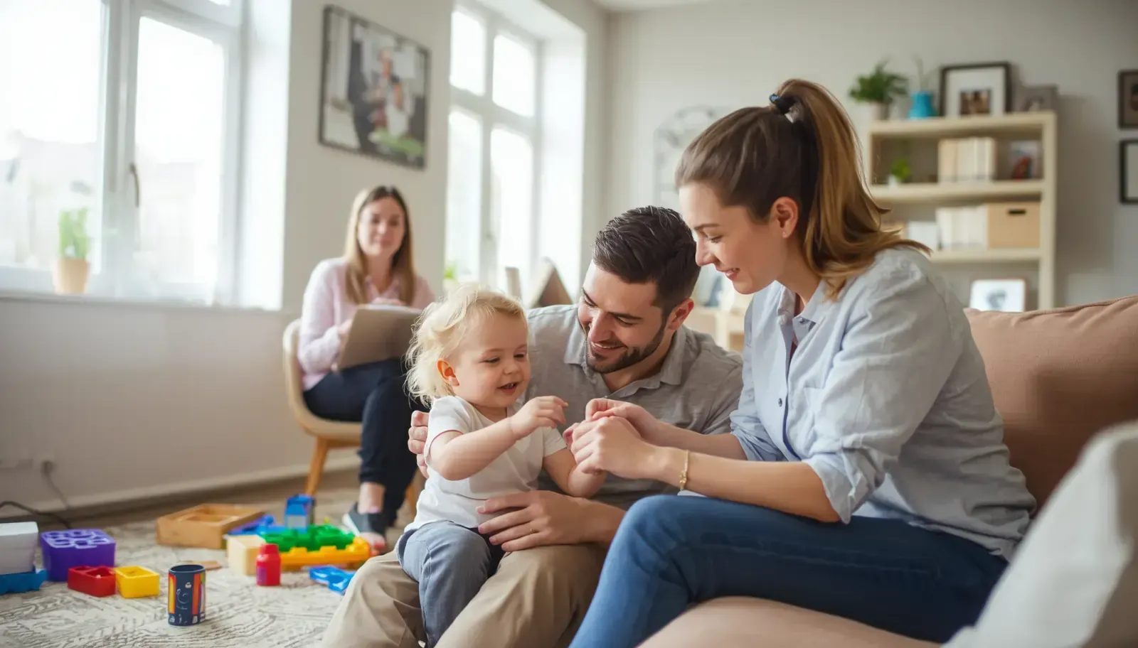 Children's assessment centre with parents, child and assessor in a bright family room.
