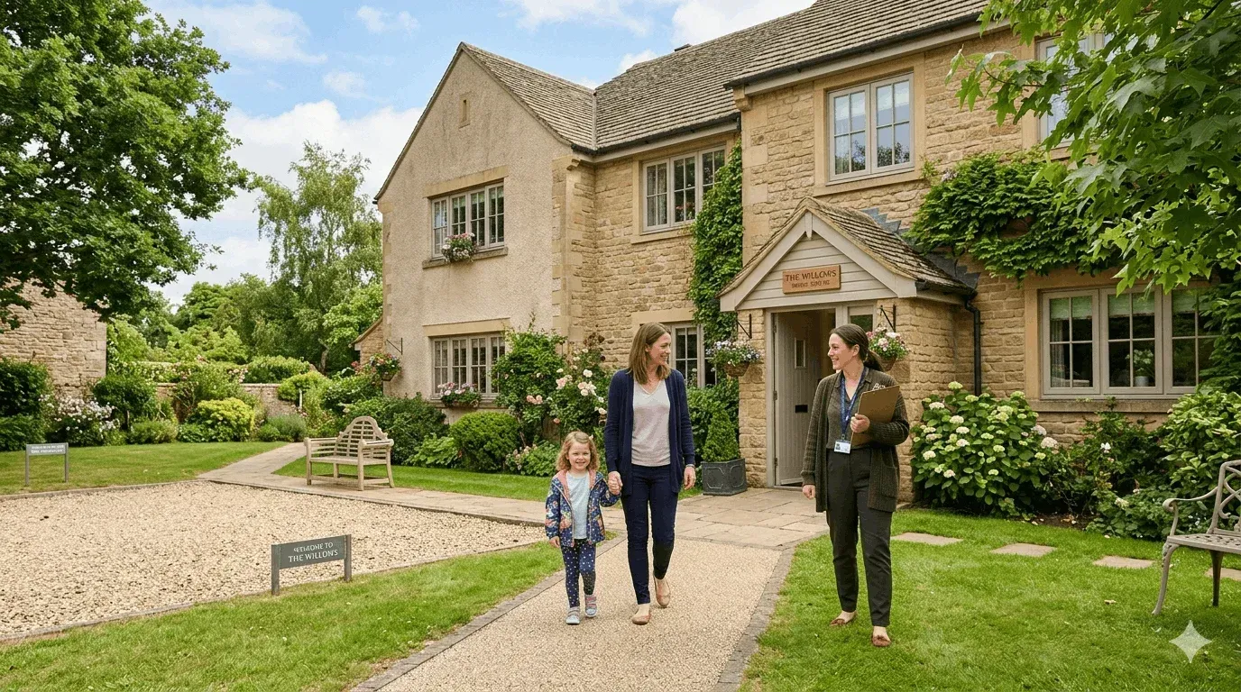 A parent and child walk toward a welcoming residential family assessment centre as a friendly staff member greets them.