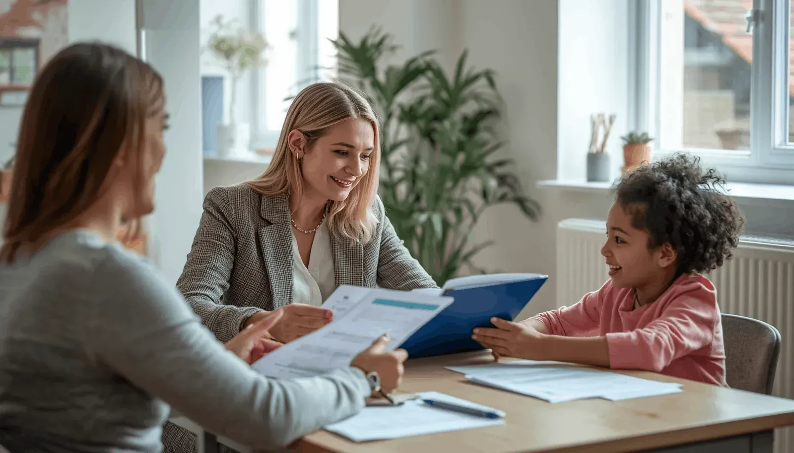 Local authorities reviewing a family assessment report with a parent and child.
