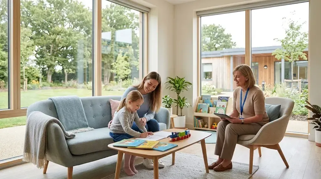 Parent and child in a safe residential family assessment centre with support worker
