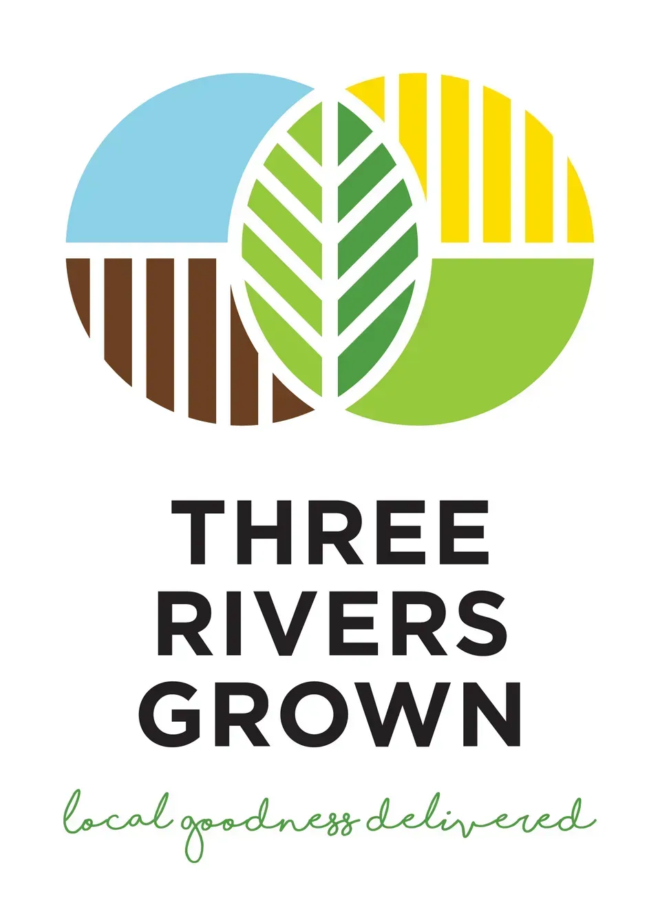 Three Rivers Grown logo with stylized colorful circles and the words “local goodness delivered”