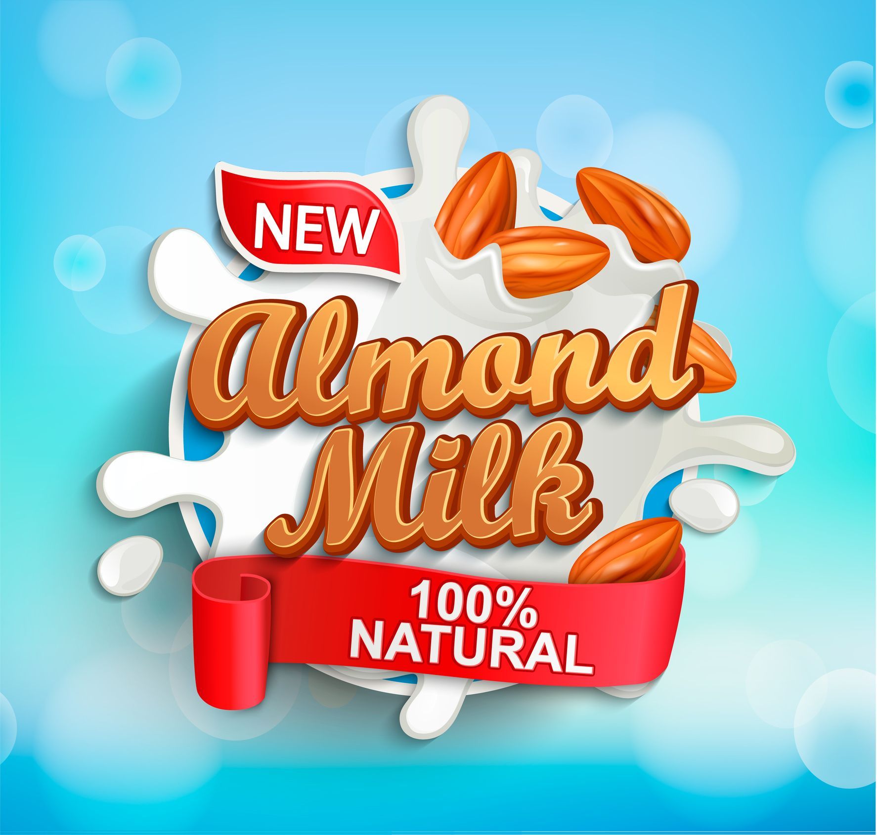 Almond Milk label: almonds, milk splash, 
