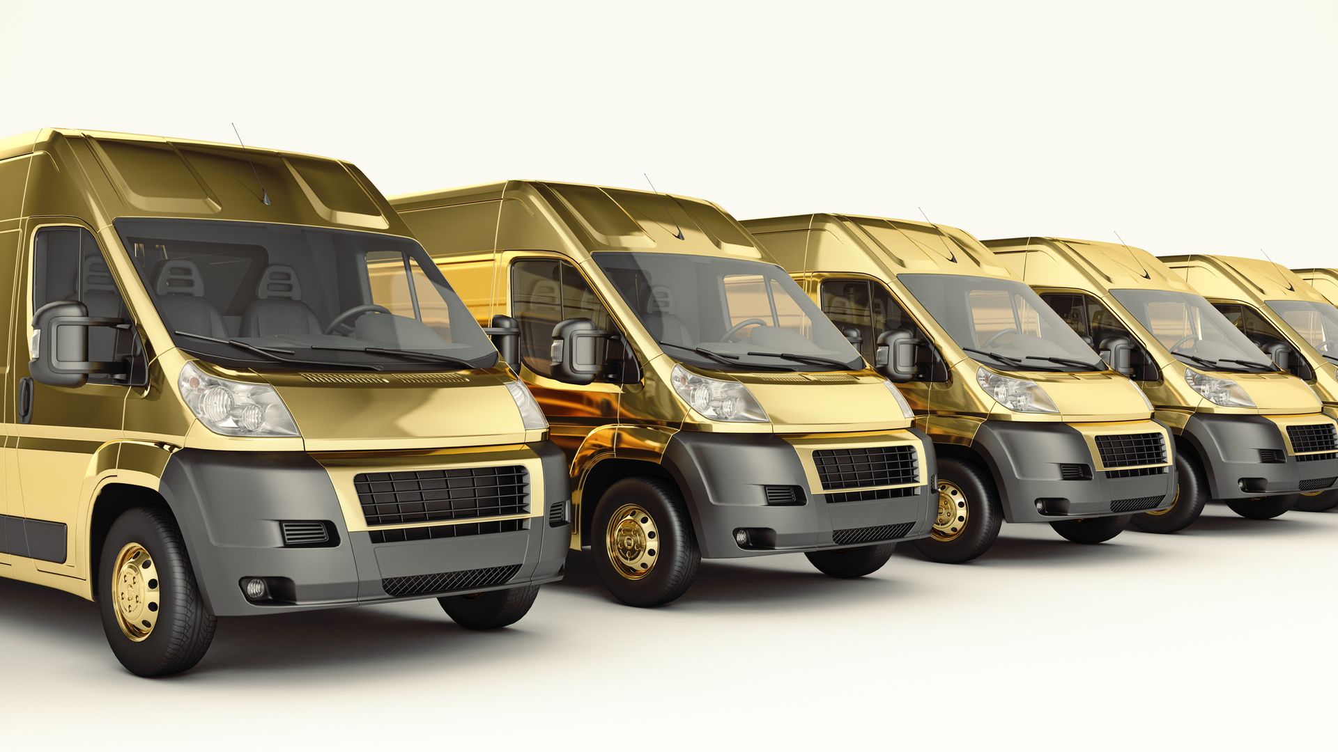 Row of gold-colored delivery vans parked, angled towards the viewer, against a white background.