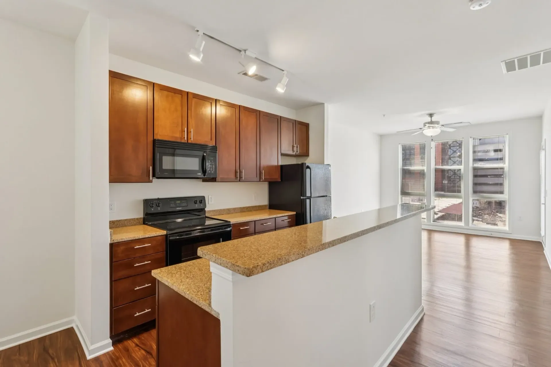 Modern kitchen with dark wood cabinets, granite countertops, and black appliances. Open to a living area with large windows.