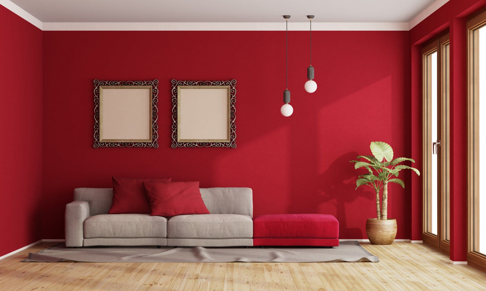 Painting a  living room with painted red walls and a gray couch.