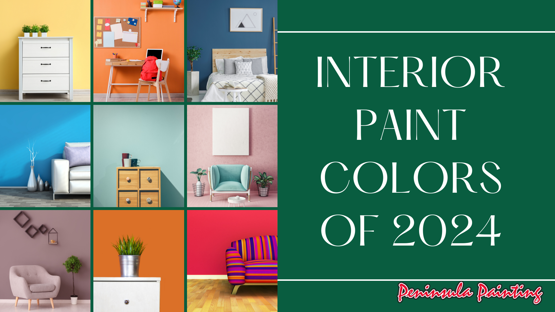 a collage of interior paint colors of 2024