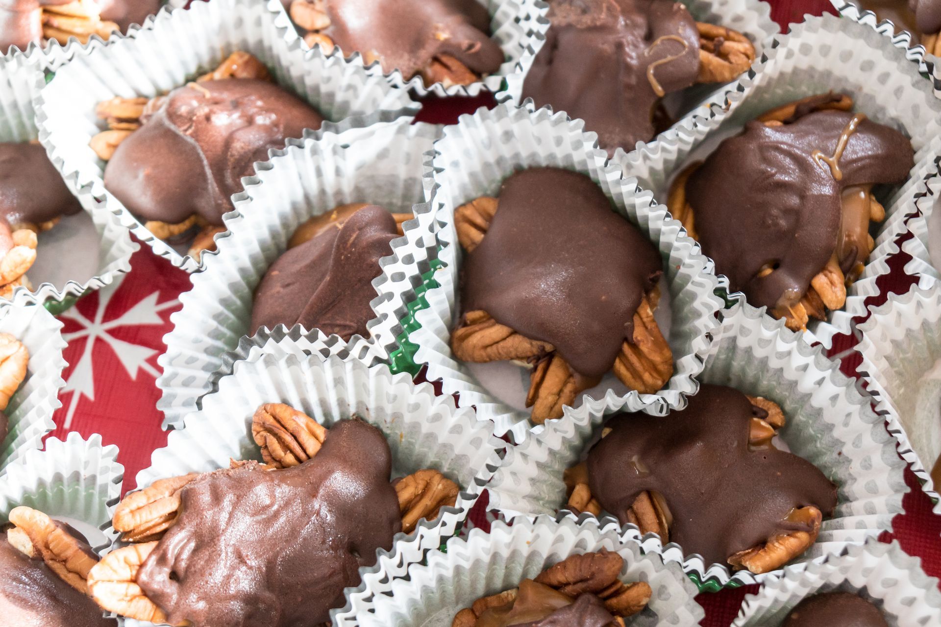 Close-up of chocolate pecan turtles