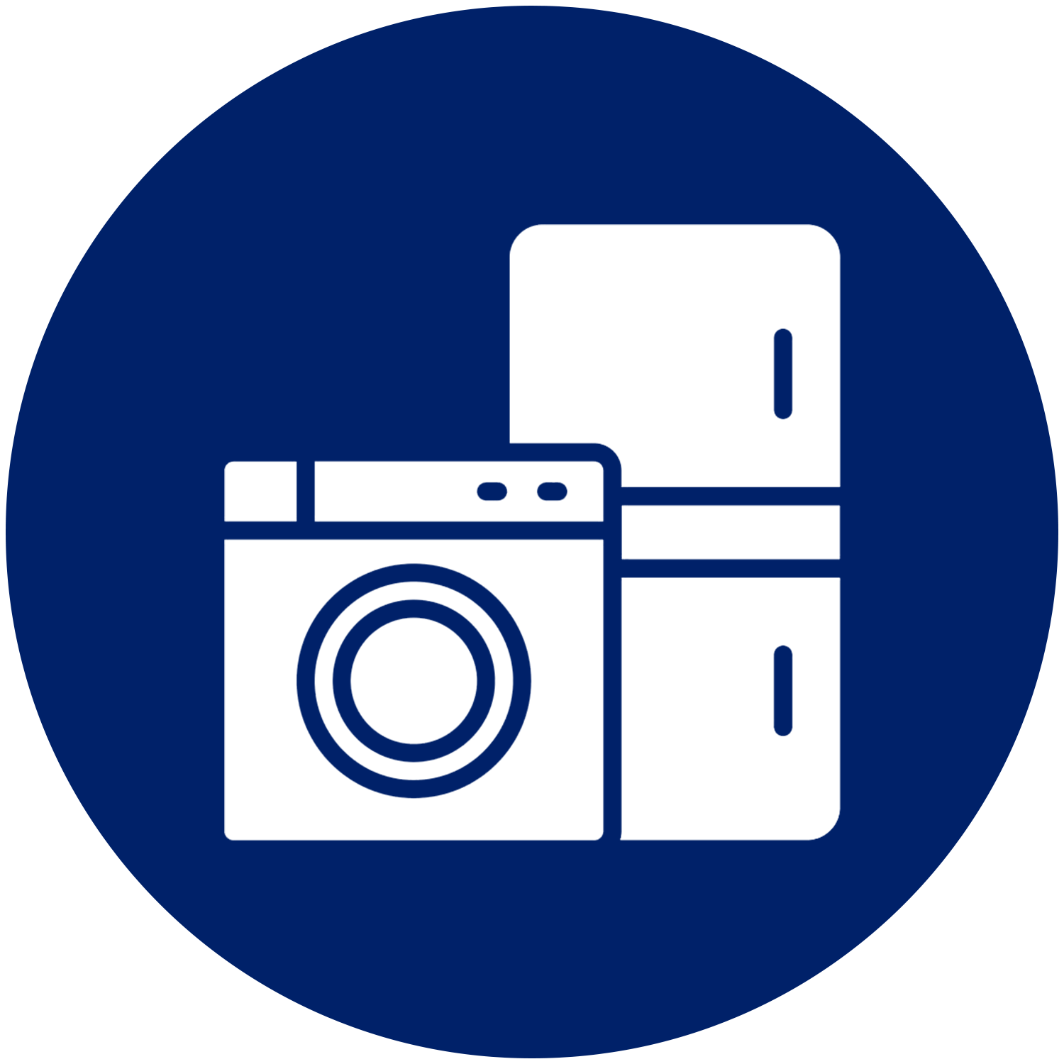 A washing machine , refrigerator , and cabinet icon in a blue circle.