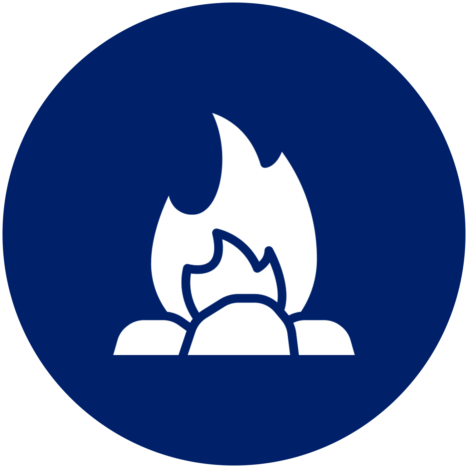 A white icon of a fire in a blue circle.