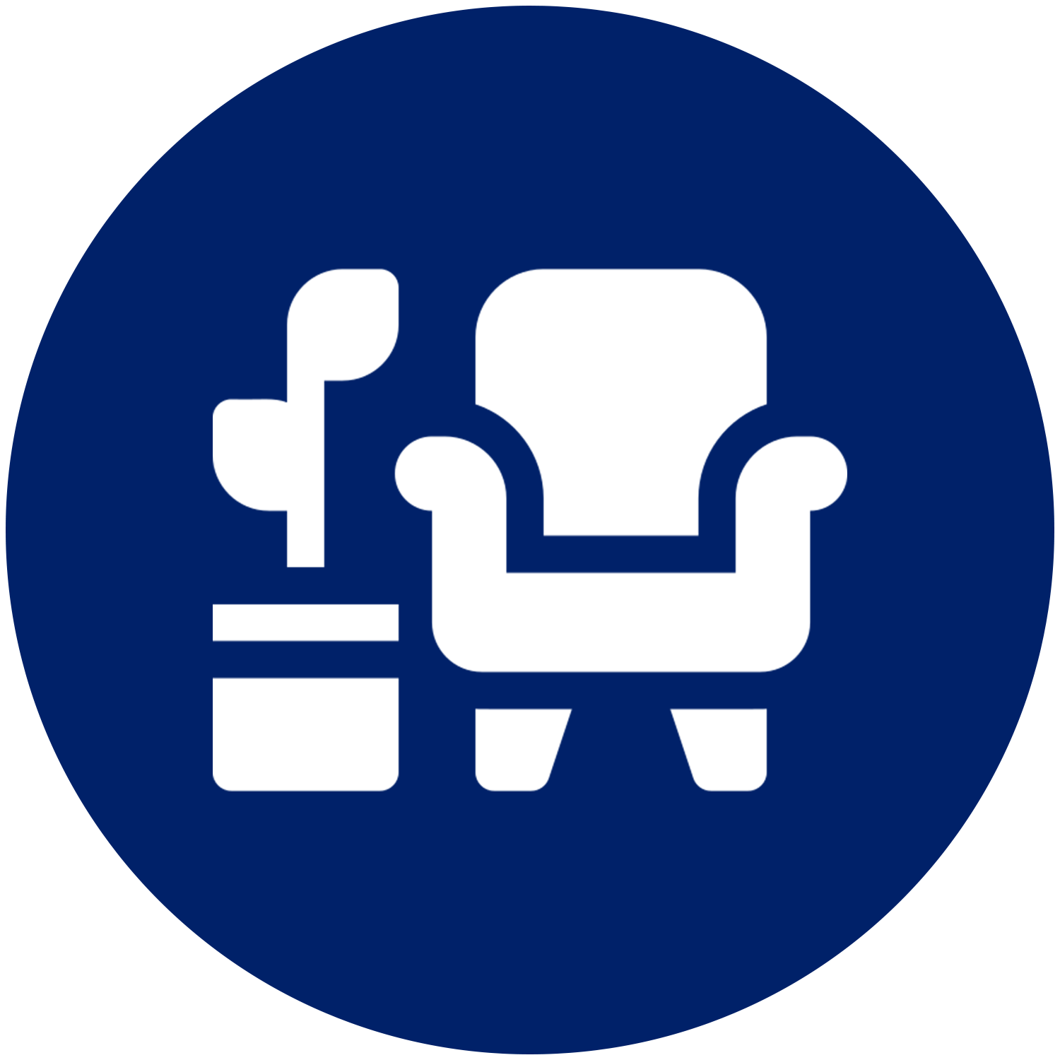 An icon of a chair and a plant in a blue circle.