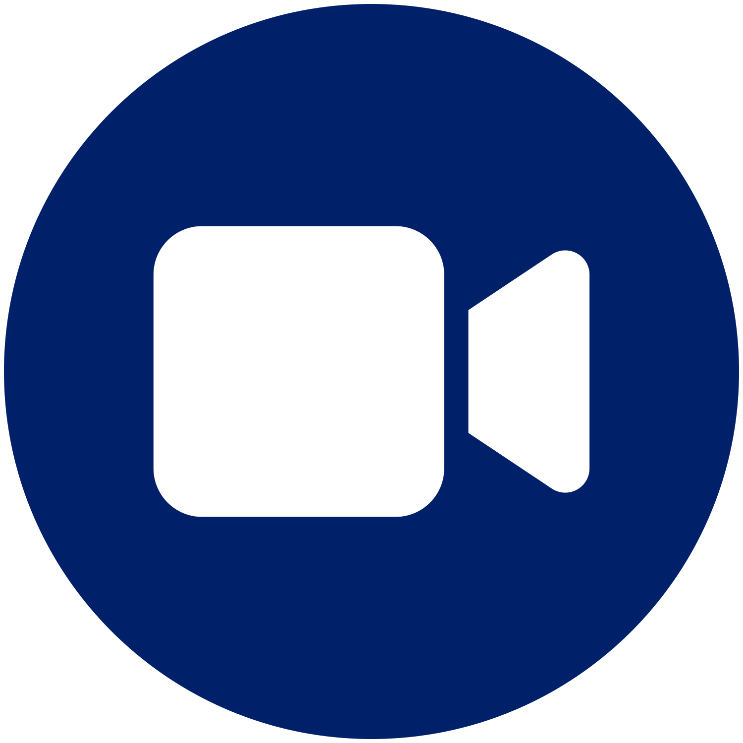 A white video camera icon in a blue circle.