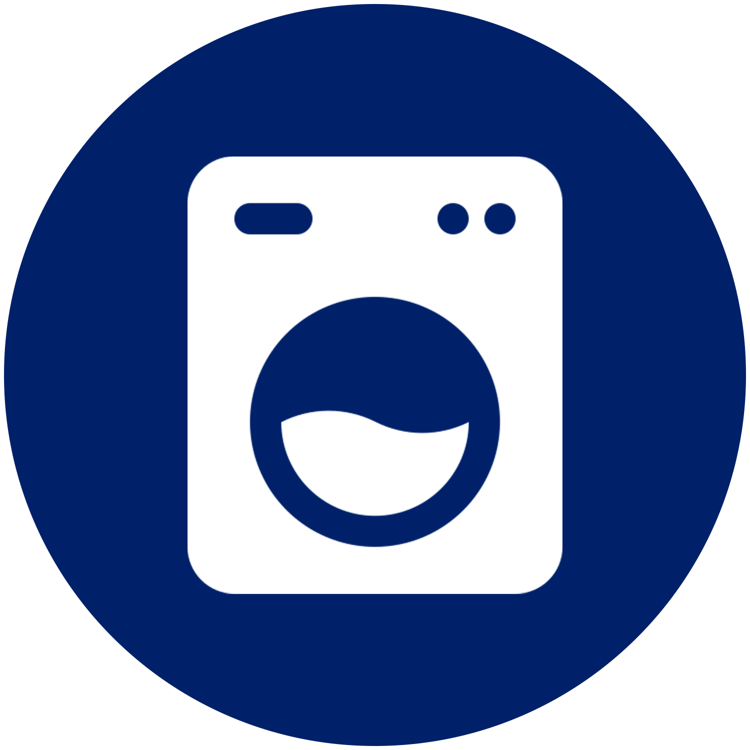 An icon of a washing machine in a blue circle.