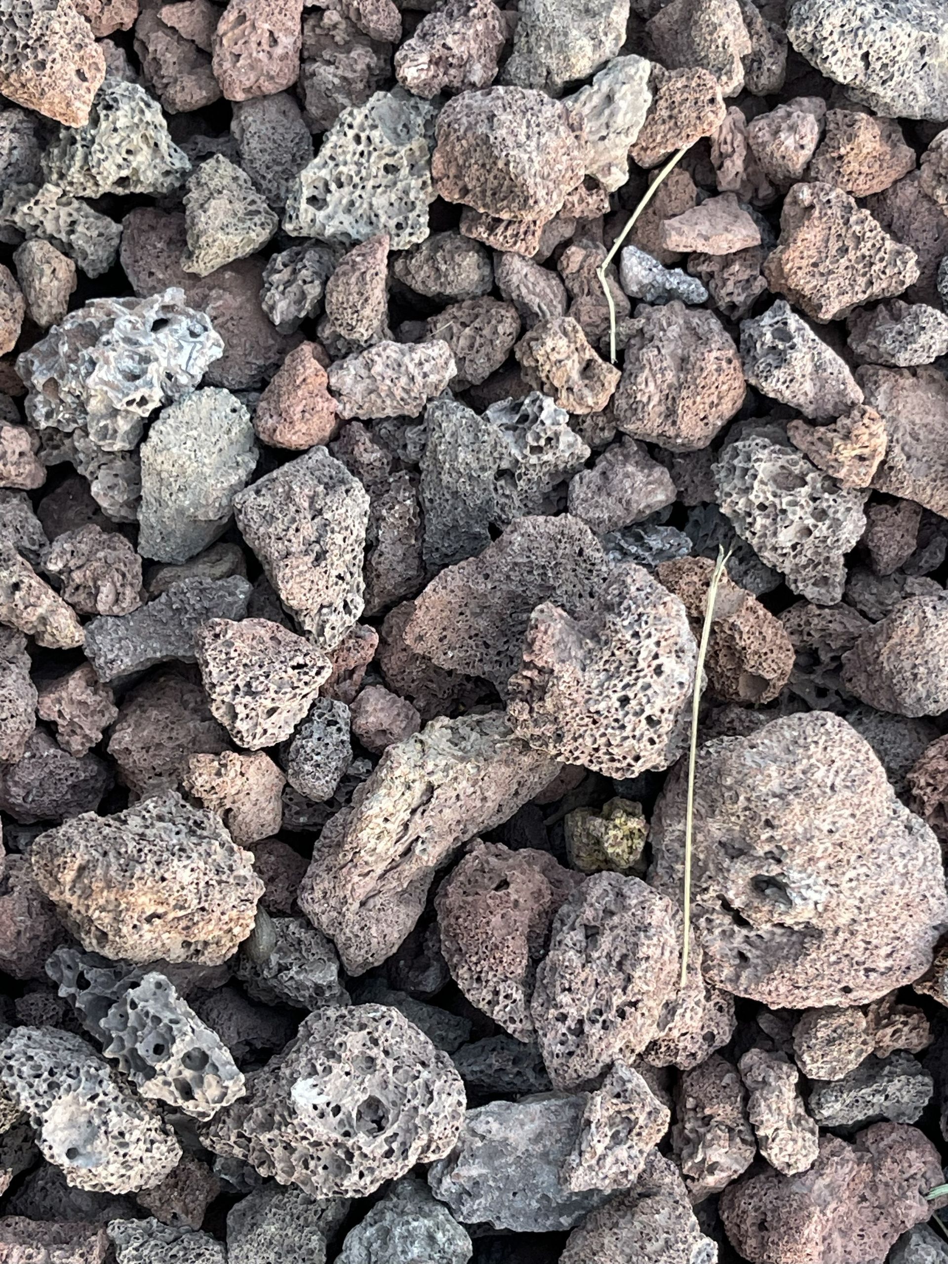 Pile of reddish-gray porous lava rocks, possibly volcanic.
