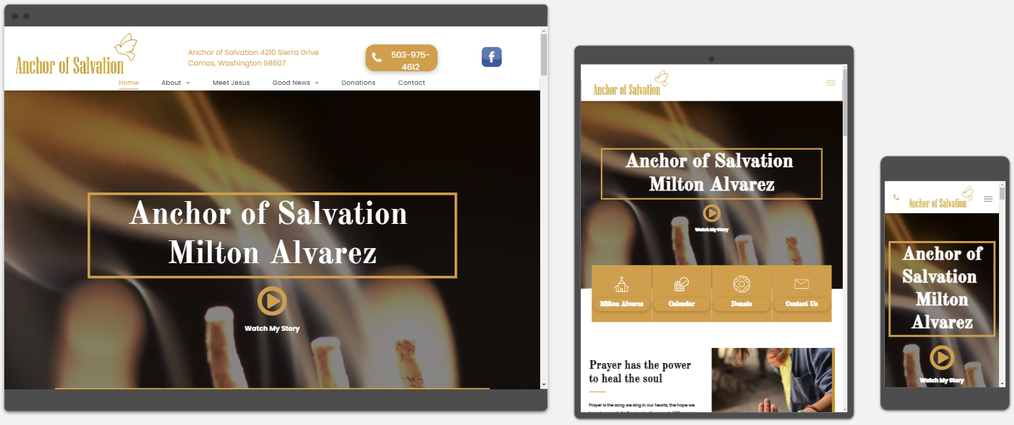 A screenshot of the Anchor of Salvation website on a computer, tablet, and phone.