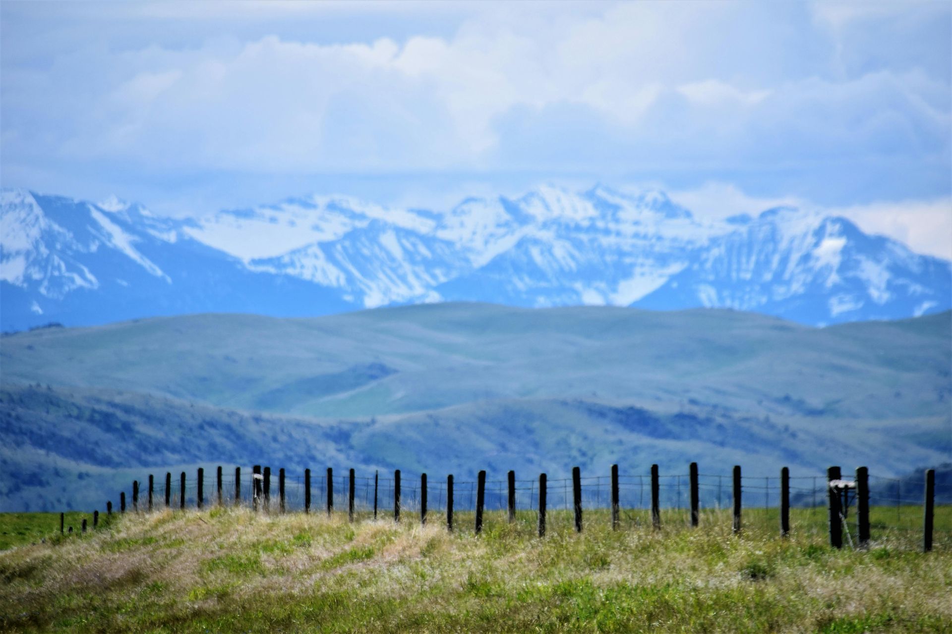 Grassy field with fence, rolling hills, and snowy mountains under a cloudy sky.