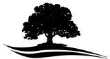 A black and white silhouette of a tree on a hill.