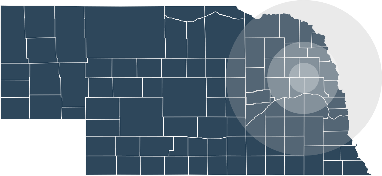Map of Nebraska with a circular highlight indicating a location.