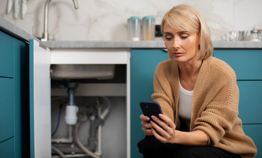 Um dispositivo de detecção de vazamento de água com fones de ouvido e um martelo em uma superfície branca.