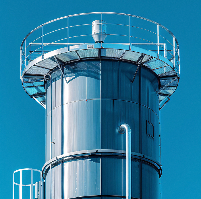Um edifício muito alto com um céu azul ao fundo