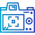 a blue and white icon of a camera on a white background .