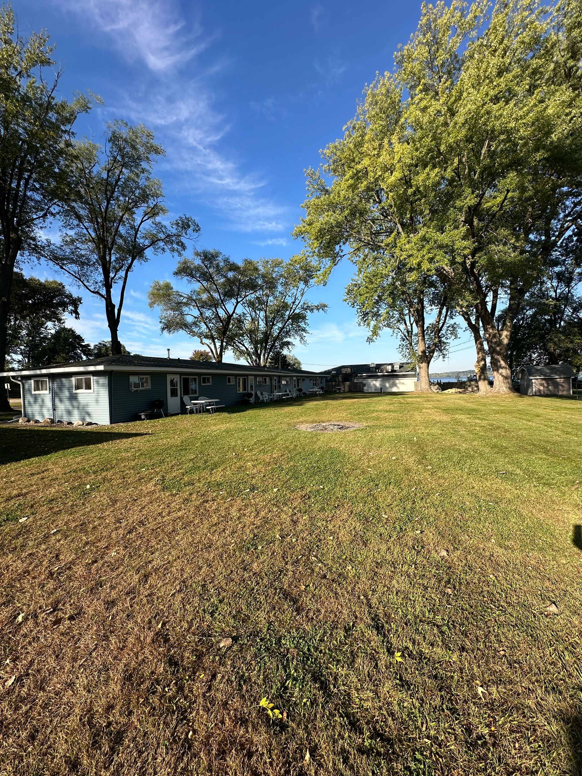 A grassy yard with trees, and small blue houses against a bright blue sky.