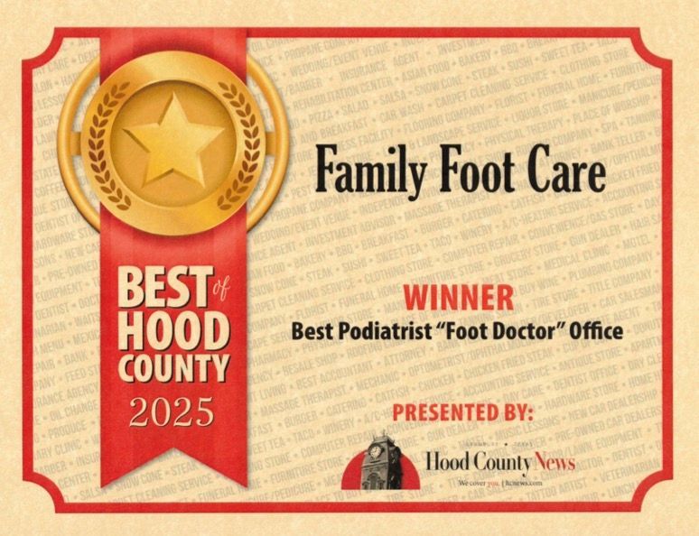 Award certificate for Family Foot Care, named Best Podiatrist Office in Hood County 2024. Features a red ribbon and gold seal.