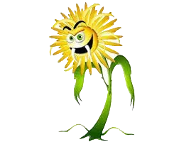 A cartoon yellow flower with green eyes, a wide grin, and long white fangs stands on a green stalk with drooping leaves.