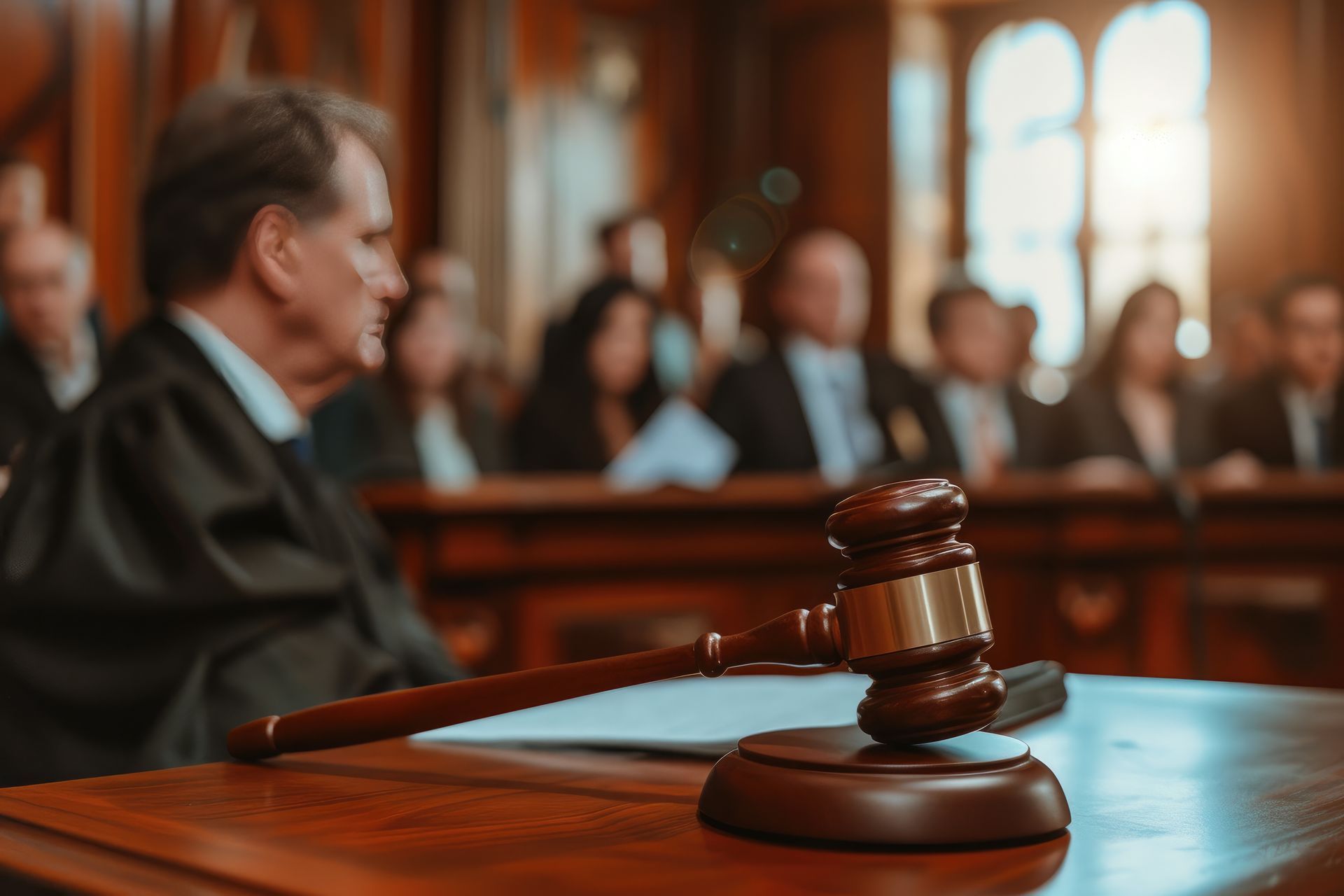 Judge with gavel on desk in courtroom. Jury and spectators in background.