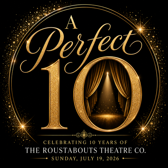 Gold “A Perfect 10” anniversary poster with theater curtains and sparkling lights on black background