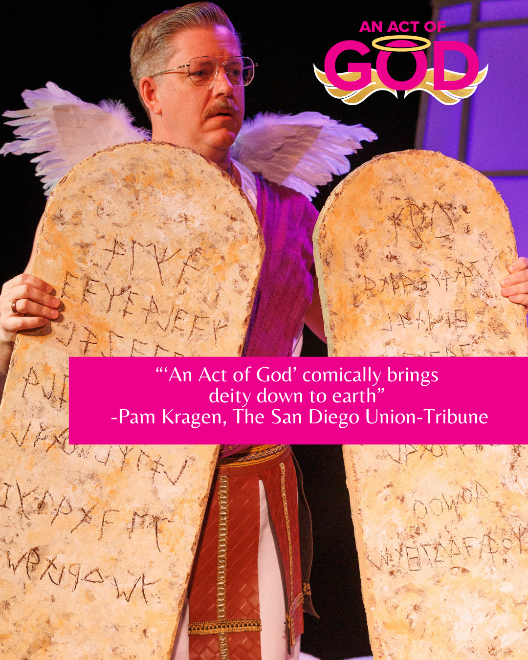 A person in angel wings and a toga holds two stone tablets, set against a promotional background for An Act of God.