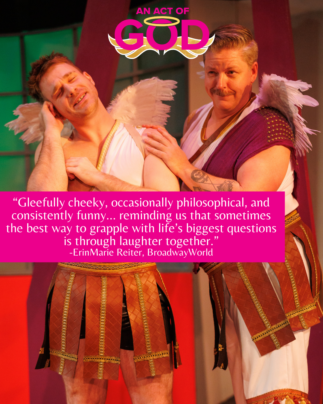 Two actors dressed as angels in Roman-style tunics and wings perform in the theatrical production