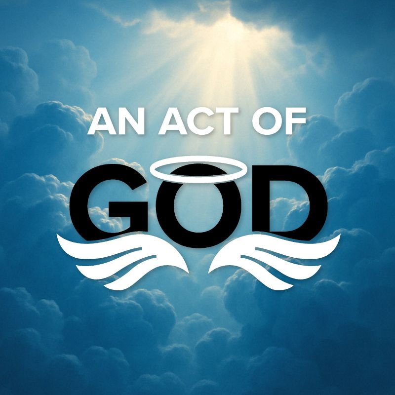 A logo for An Act of God with the sun shining through the clouds