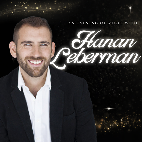Man in a black suit smiles, text reads An evening of music with Hanan Leberman on starry background.
