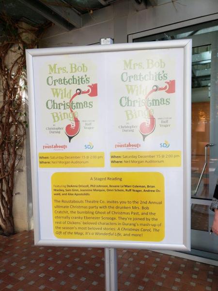 Sign for 2018 play reading at San Diego Main Library Neil Morgan Auditorium