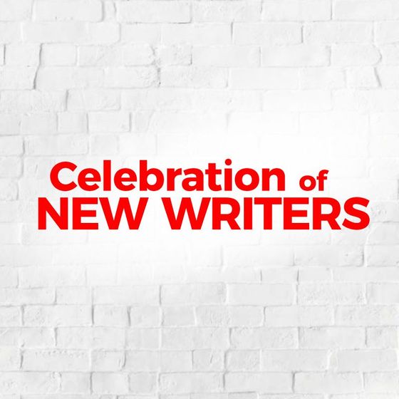 Title treatment for Celebration of New Writers on a white brick wall