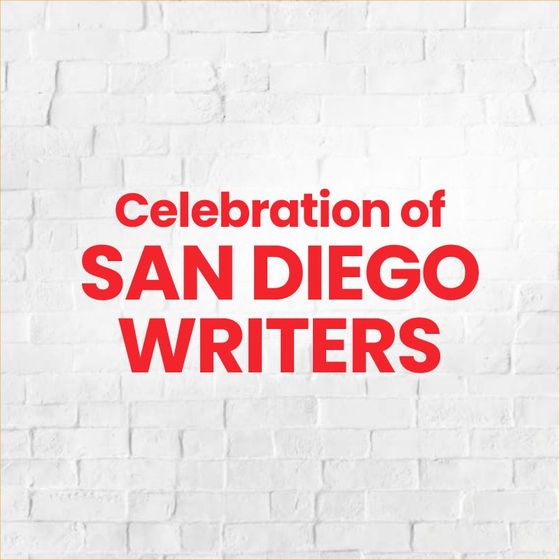 Title treatment for Celebration of San Diego Writers on a white brick wall