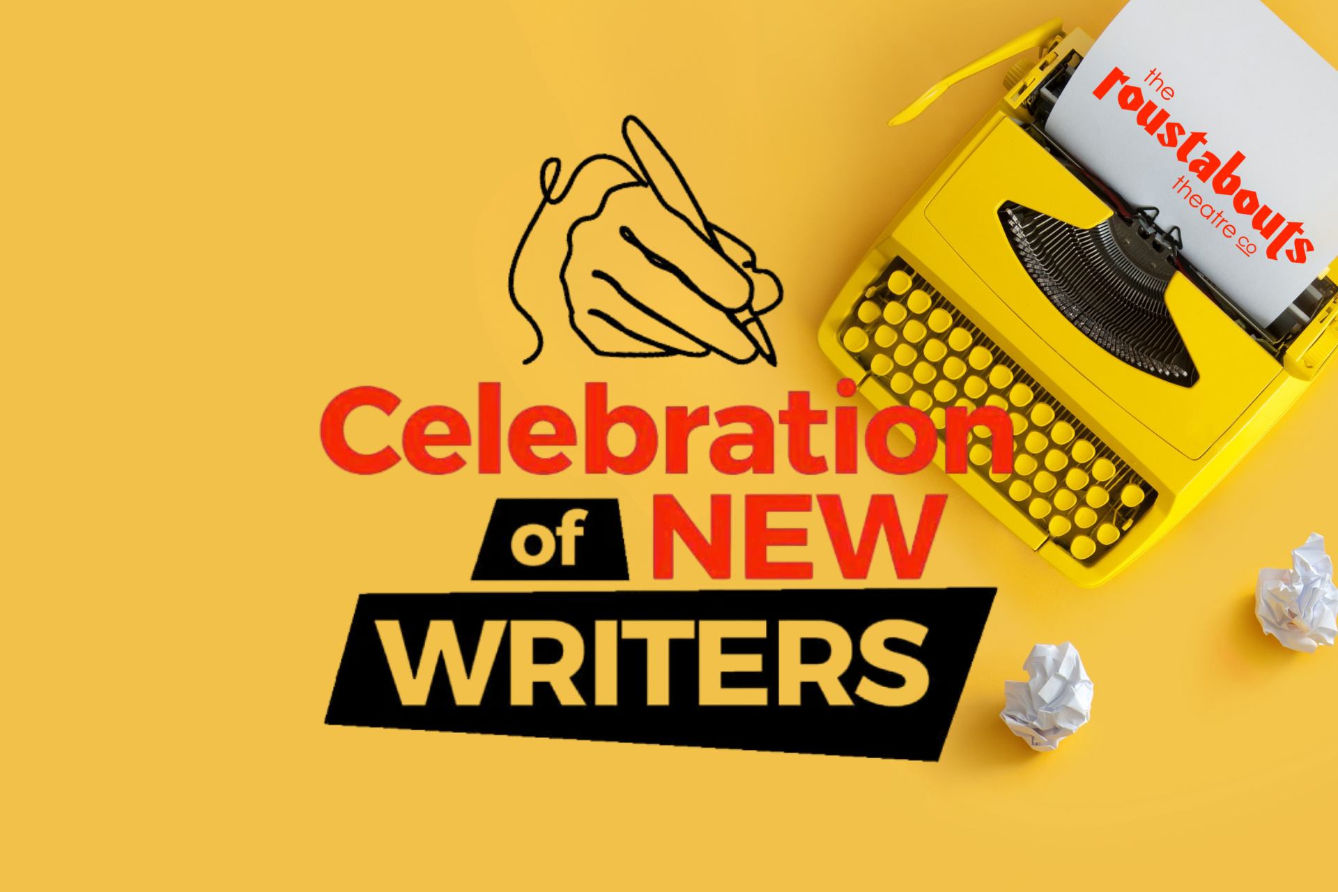Celebration of New Writers graphic with a yellow typewriter, hand drawing, and crumpled paper balls on yellow background.