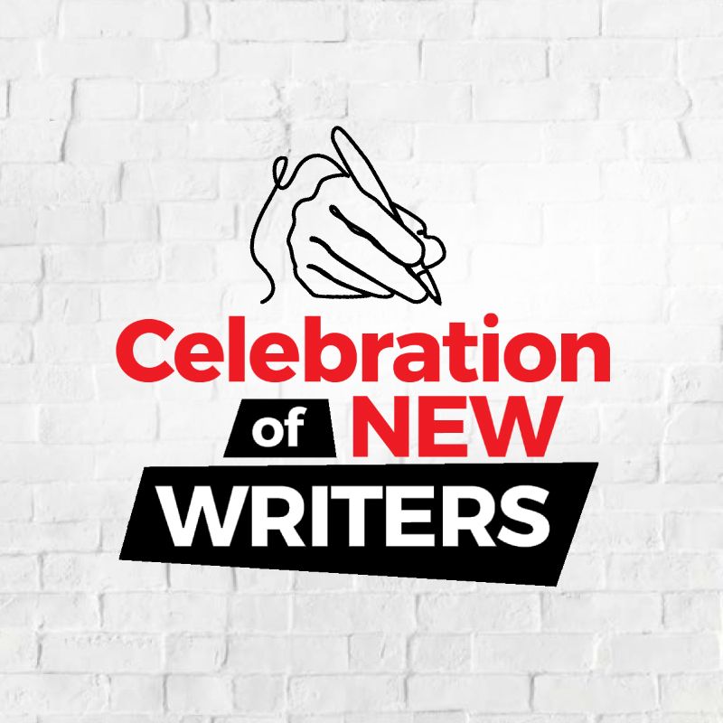 A logo for Celebration of New Writers with a line drawn hand on a white brick wall background