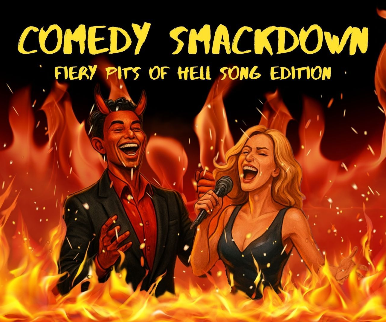 A logo for the comedy smackdown playoffs with two boxing gloves smashing into ach other in the background.
