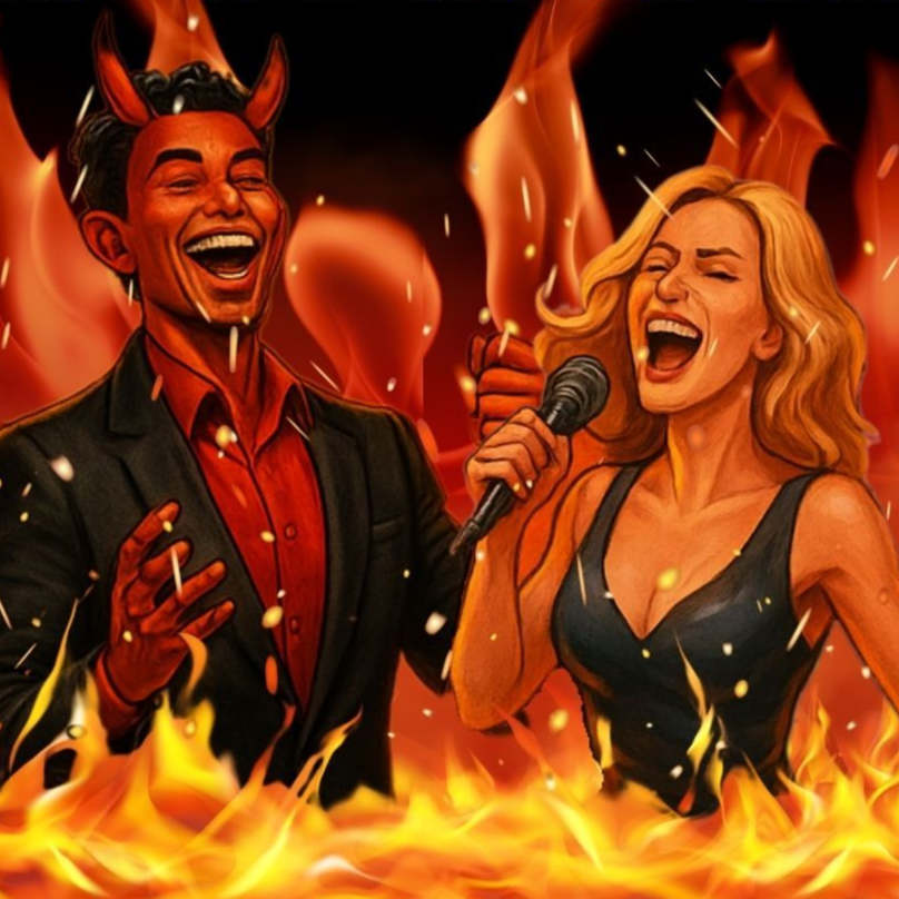 Devil and woman singing in flames, both laughing joyfully. Setting is hell, fiery background.
