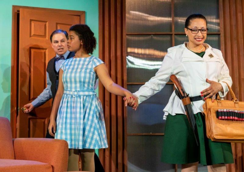 Father near door and daughter and social worker near sofa.