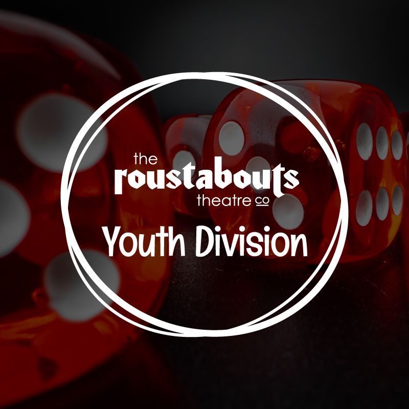 A logo for the Youth Division of The Roustabouts on a background with red dice