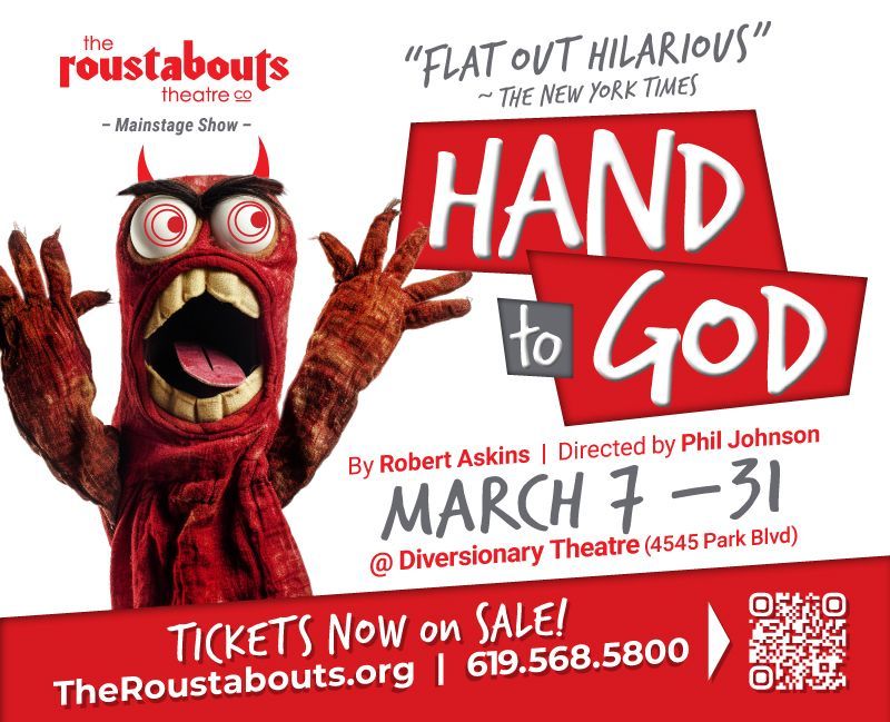 A poster for a play called Hand to God featuring a scarry hand puppe.