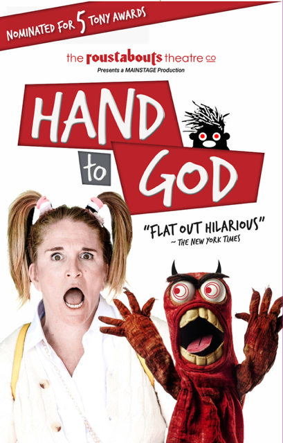 A poster for Hand To God with a girl in pigtails and a puppet