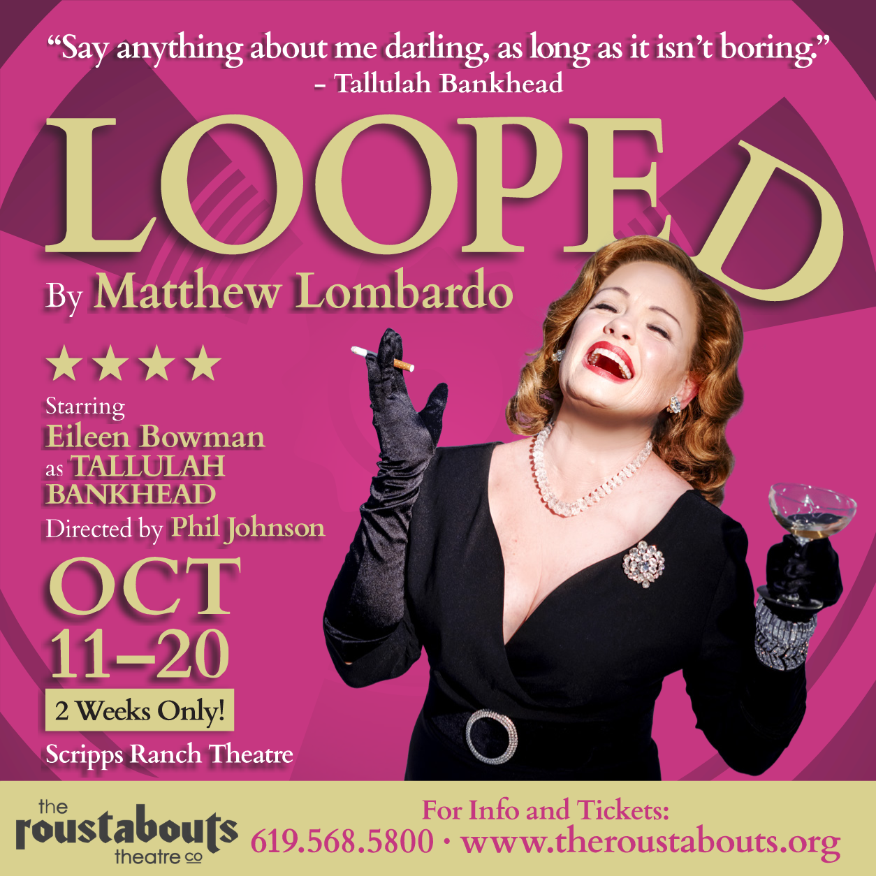 A poster for looped by matthew lombardo featuring a woman with a martini glass and cigarette