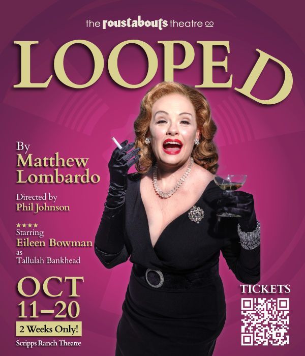 A poster for Looped by Matthew Lombardo with the lead actress wearing a black dres with a martini glass.