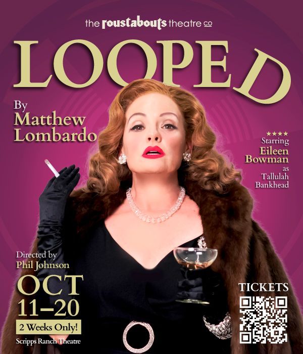 A poster for Looped by Matthew Lombardo with the lead actress wearing a black dres with a martini glass.