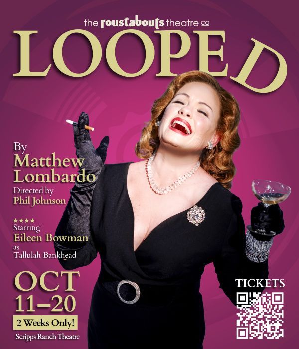 A poster for Looped by Matthew Lombardo with the lead actress wearing a black dres with a martini glass.